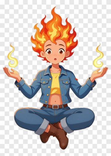 Cartoon Character With Flaming Hair Holding Energy Orbs PNG