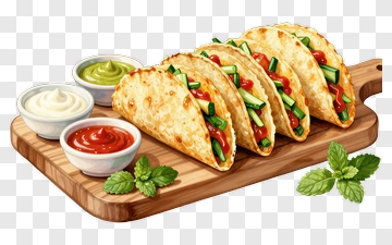 Delicious Tacos On A Wooden Serving Board PNG