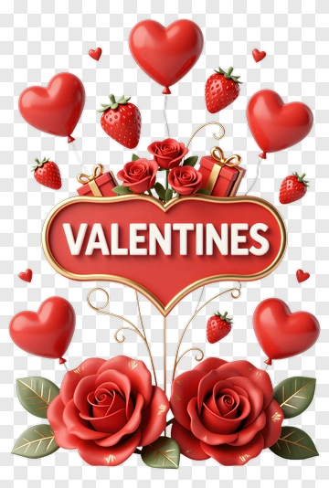Valentine's Day Heart With Roses And Balloons PNG