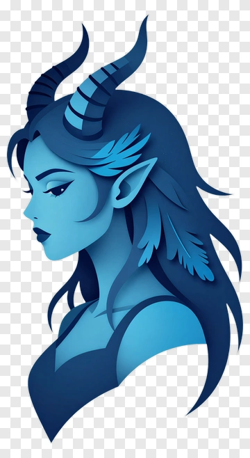 Blue Fantasy Character With Horns And Feathers PNG