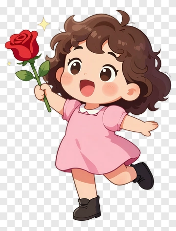 Cartoon Girl Holding A Rose PNG