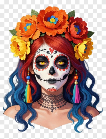 Colorful Sugar Skull Woman With Floral Crown PNG