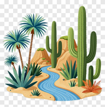 Desert Landscape With Cacti And River PNG