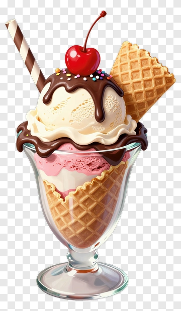 Ice Cream Sundae With Cherry And Waffle Cone PNG
