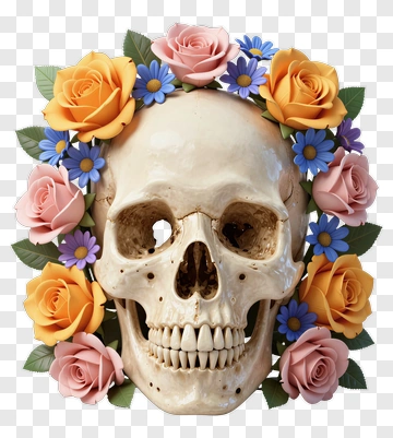 Skull Surrounded By Colorful Flowers PNG