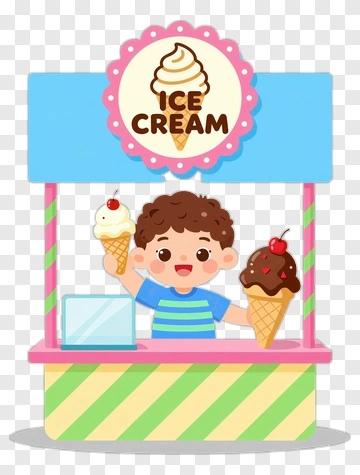 Cartoon Boy At Ice Cream Stand Holding Two Ice Cream Cones PNG