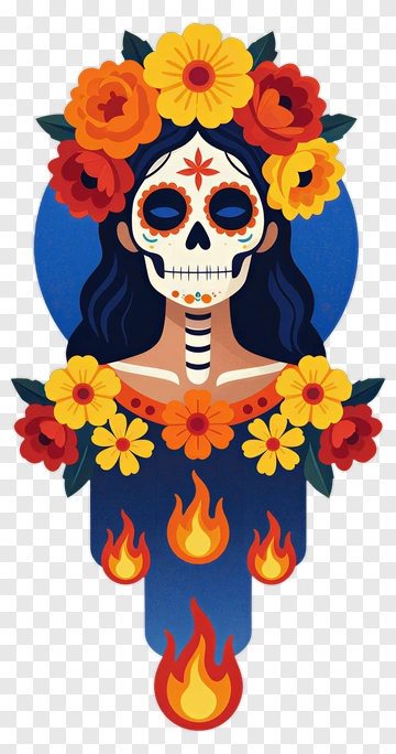 Colorful Sugar Skull With Flowers And Flames PNG