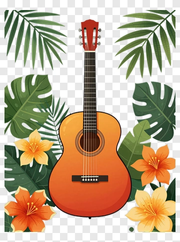 Acoustic Guitar Surrounded By Tropical Leaves And Flowers PNG