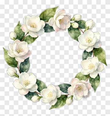 Floral Wreath With White Flowers And Green Leaves PNG