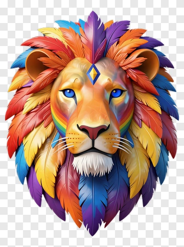 Colorful Lion Head With Rainbow Feathers PNG