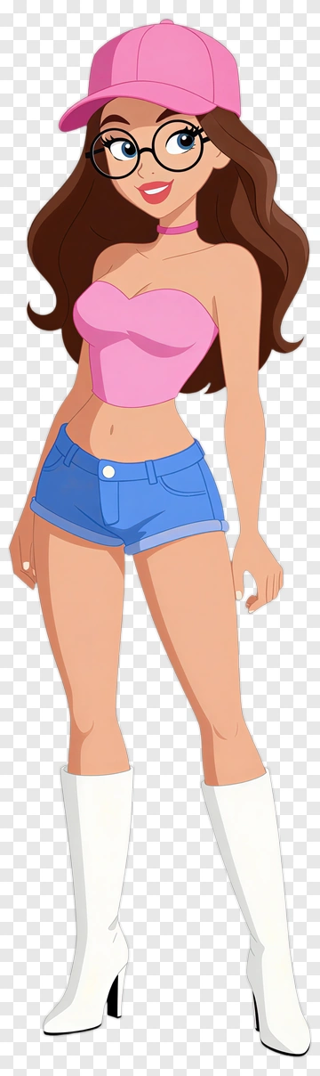 Stylish Cartoon Woman In Pink Top And Blue Shorts PNG