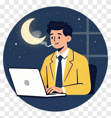 Man Working At Laptop Under Moonlight PNG
