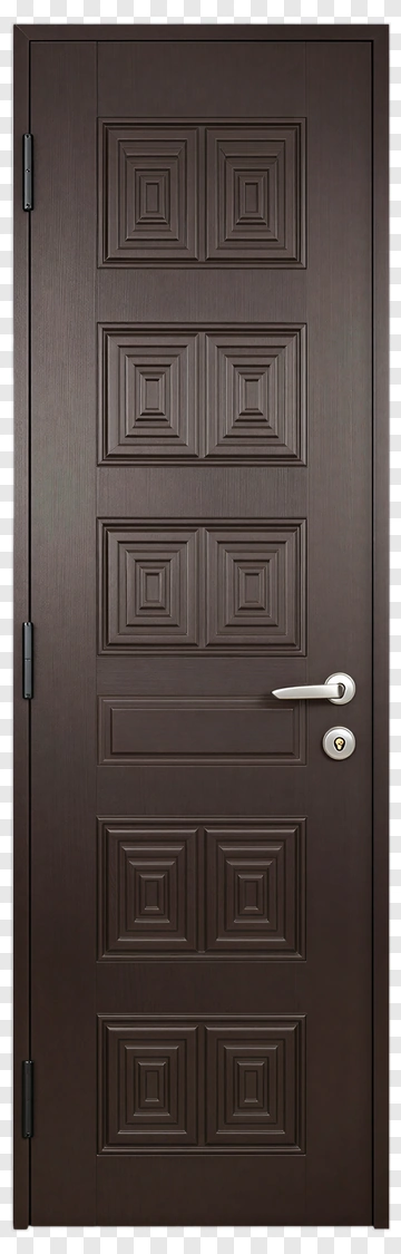Dark Brown Wooden Door With Geometric Panels PNG
