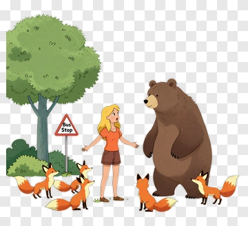 Woman Interacting With A Bear And Foxes At A Bus Stop PNG