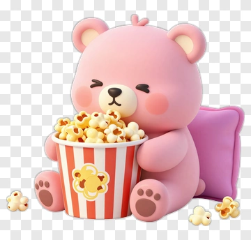 Cute Pink Bear Holding A Popcorn Bucket PNG
