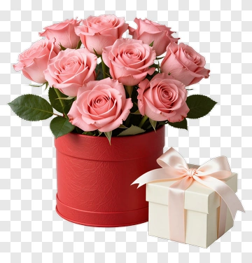 Pink Roses In A Red Flower Box With A Gift Box PNG