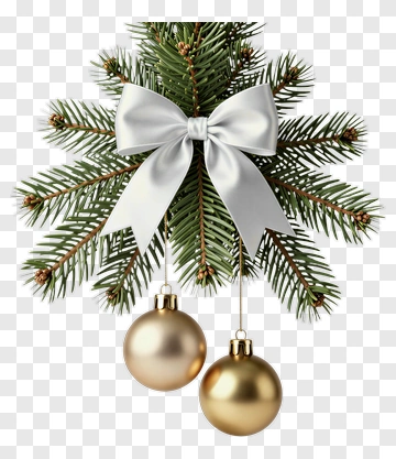 Christmas Pine Branch With Gold Ornaments And Ribbon PNG