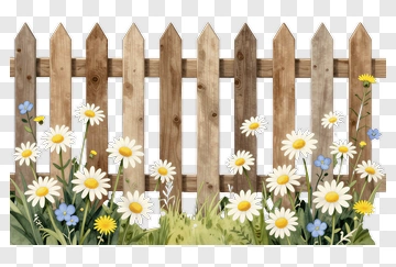 Wooden Fence With Colorful Flowers PNG