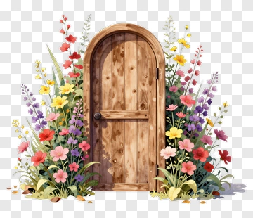 Wooden Door Surrounded By Colorful Flowers PNG