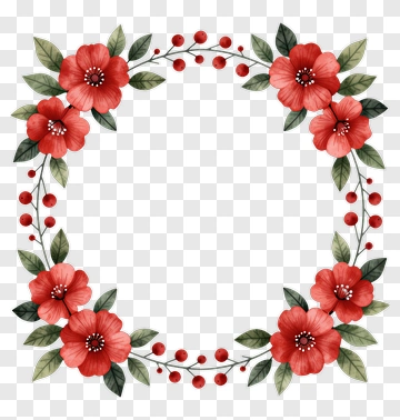 Floral Wreath With Red Flowers And Green Leaves PNG