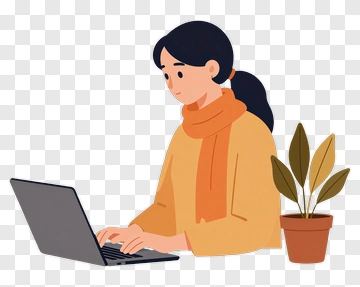 Woman Working On A Laptop With A Potted Plant PNG