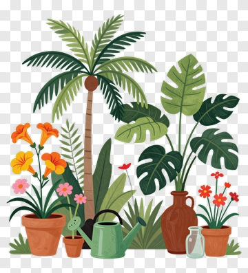 Colorful Potted Plants And Gardening Tools PNG