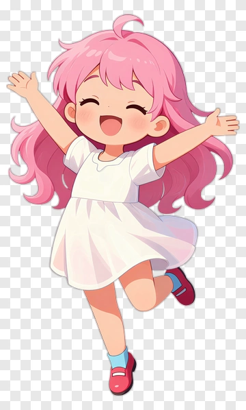 Happy Girl With Pink Hair In A White Dress PNG