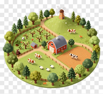 Colorful Farm Landscape With Animals And Barn PNG