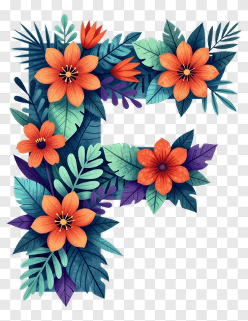 Floral Letter F With Colorful Flowers And Leaves PNG