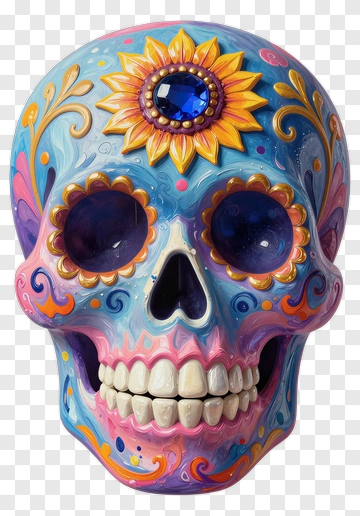 Colorful Sugar Skull With Floral Design PNG