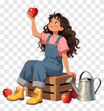 Girl Holding An Apple While Sitting On A Wooden Crate PNG