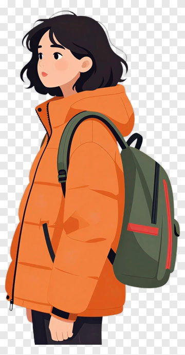 Cartoon Girl Wearing An Orange Jacket With A Backpack PNG