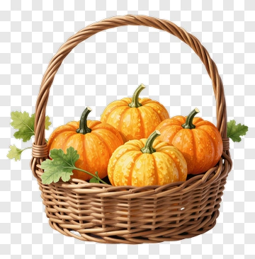 Pumpkin Basket Filled With Orange Pumpkins PNG