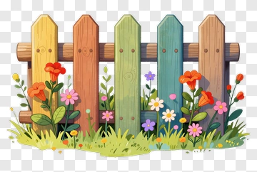 Colorful Wooden Fence With Flowers PNG