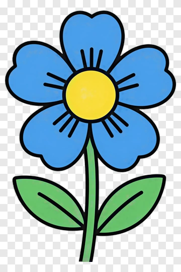 Cartoon Blue Flower With Green Leaves PNG