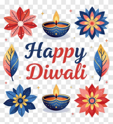 Happy Diwali Celebration With Colorful Flowers And Diyas PNG