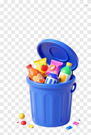 Colorful Trash Can Filled With Bottles And Snacks PNG