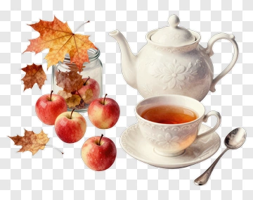 Teapot With Cup, Apples, And Autumn Leaves PNG