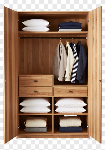 Wooden Wardrobe With Shelves And Hanging Clothes PNG