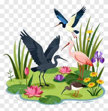 Colorful Birds In A Pond With Flowers PNG