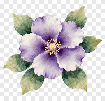 Watercolor Purple Flower With Green Leaves PNG