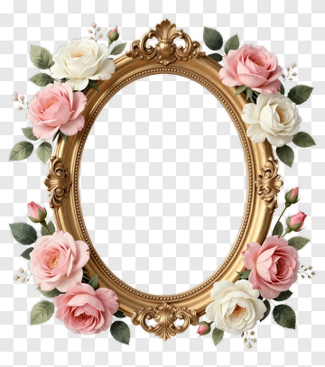 Ornate Gold Frame With Pink And White Roses PNG