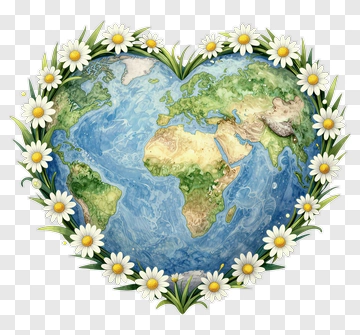 Heart-Shaped Earth Surrounded By Flowers PNG