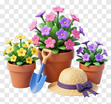 Colorful Flower Pots With Gardening Tools PNG