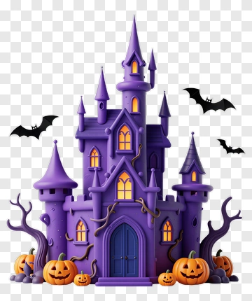 Halloween Castle With Pumpkins And Bats PNG