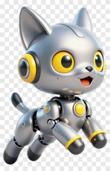3D Robot Cat With Yellow Accents PNG