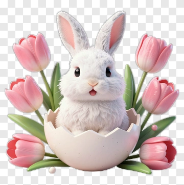 Cartoon Bunny In An Egg Surrounded By Tulips PNG