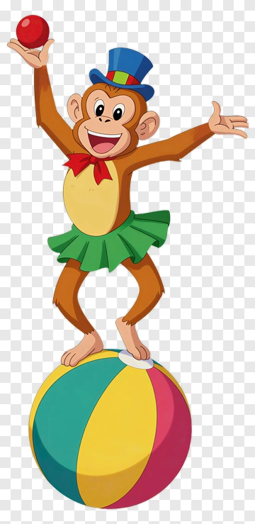 Cartoon Monkey Performing On A Colorful Ball PNG