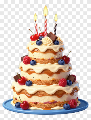 Three-Tier Birthday Cake With Berries And Candles PNG