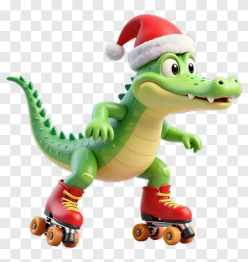 Cartoon Alligator Wearing Roller Skates And Santa Hat PNG